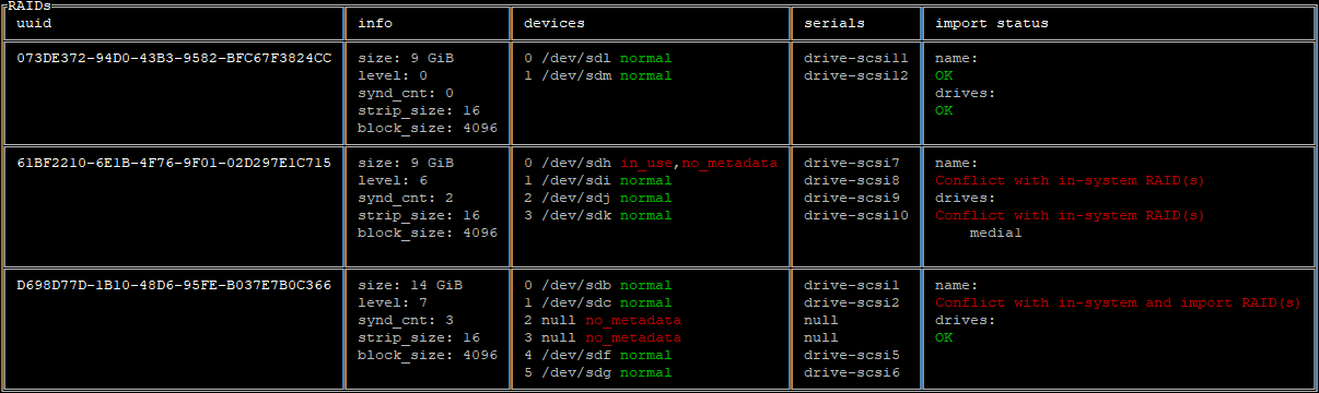 xicli raid import show output example